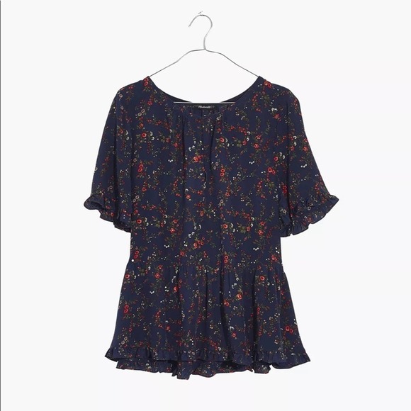 Madewell Blue Blouse Silk Stanza Ruffle-Hem Top in Moonless Floral size S - Picture 4 of 10